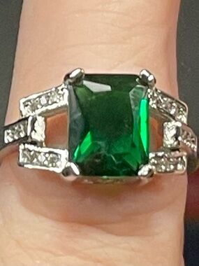 Lab-Created Genuine Cushion-Cut Emerald Ring with Pave Accents Set in Sterling